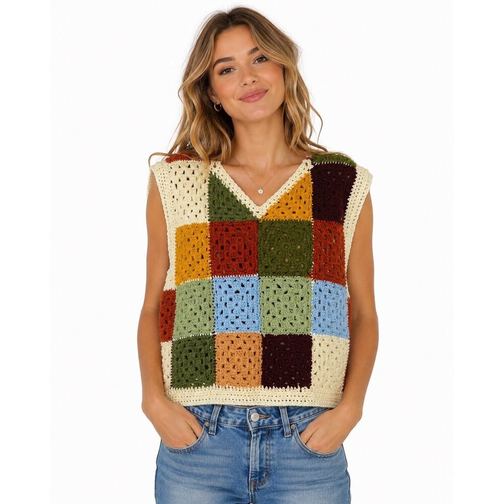 Vintage 1970s Style Handmade Crochet Granny Square Patchwork Vest Unisex XL
